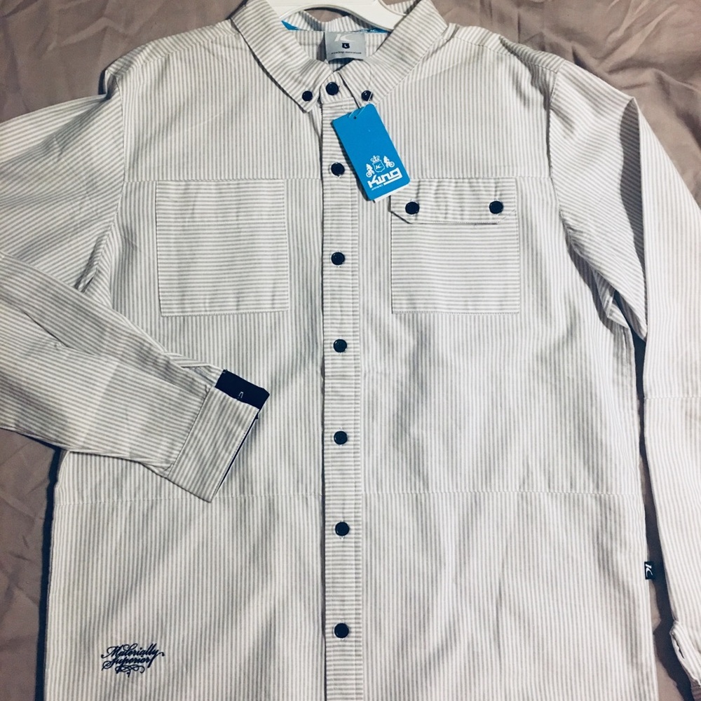 Men’s King Apparel Button up grey & white stripe L